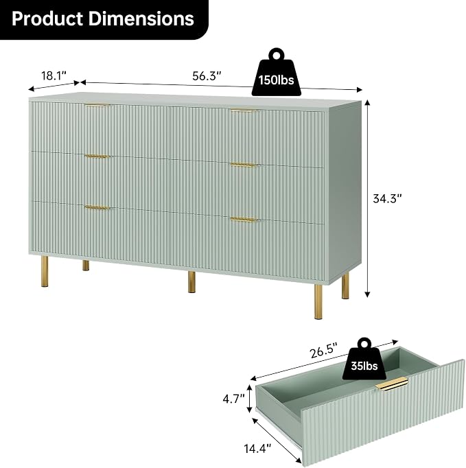 GarveeHome Green Dresser, Modern 6 Drawer Dresser for Bedroom with Gold Handle and Large Drawer, Wood Double Chest of Drawers and Storage Organizer for Living Room, Hallway, Entryway - Image 2