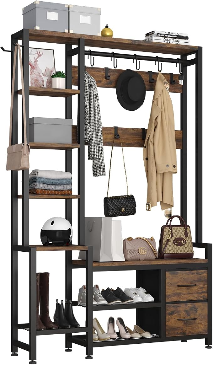 Hall Tree for Entryway 43", Bench with Shoe Storage, Large Coat Rack Shoe Bench with 5 Tier Shelves, 5 in 1 Design Front Door Shoe Rack and Wall Rack Hooks, and 2 Drawers (Rustic Brown) - Image 8