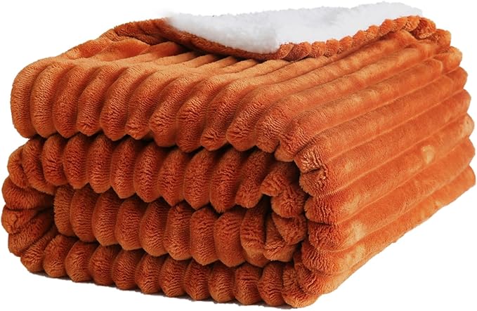 Burnt Orange Sherpa Fleece Throw Blanket 90”×90” for Couch Sofa Bed,Super Soft Cozy Plush Double Side Thick Flannel Blanket with Striped Design Lightweight for Adults,Woman,Girls