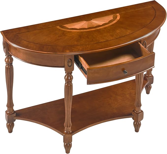 Solid Wood Semi-Circle Console Table with Drawer and Shelf, 45.3" Traditional Vintage Entryway Table Polished Edging Half-Moon Narrow Table for Living Room Hallway, Beewax