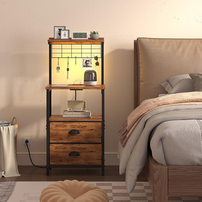 sthmec Tall Nightstands with Charging Station, LED Night Stand Bedsides with 2 Fabric Drawers,Hooks,USB Port and Open Storage Shelves,Tall End Table Bedside for Bedroom,Office, Rustic Brown - Image 6