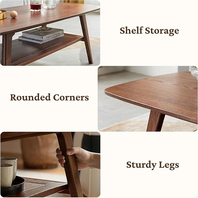 100% Solid Wood Coffee Table with Storage Shelf, 2-Tier Wooden Center Table for Living Room, Farmhouse Rustic Rectangle Table, Easy Assembly,31.49 Inch