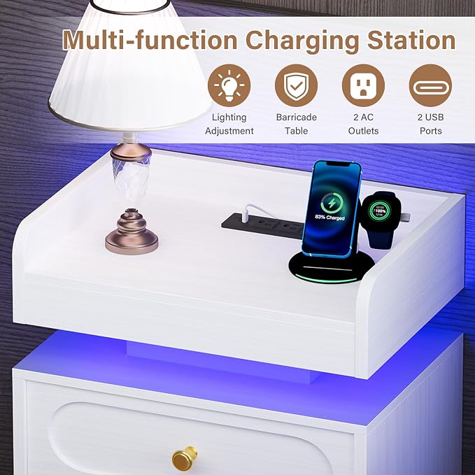 4ever2buy White Nightstand with Adjustable LED Lights and Charging Station Modern Bedside Table with 2 Drawers End Table for Bedroom - Image 3