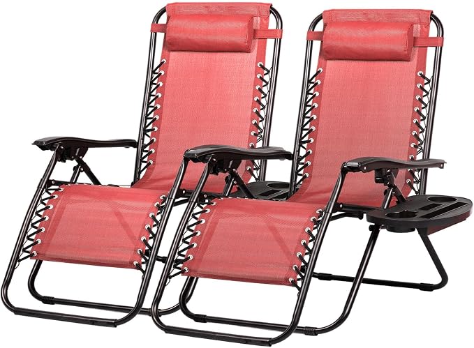 Nazhura Set of 2 Relaxing Recliners Patio Chairs Adjustable Steel Mesh Zero Gravity Lounge Chair Beach Chairs with Pillow and Cup Holder Khaki (Pink) by NazhuraGoodCompanionAtHome