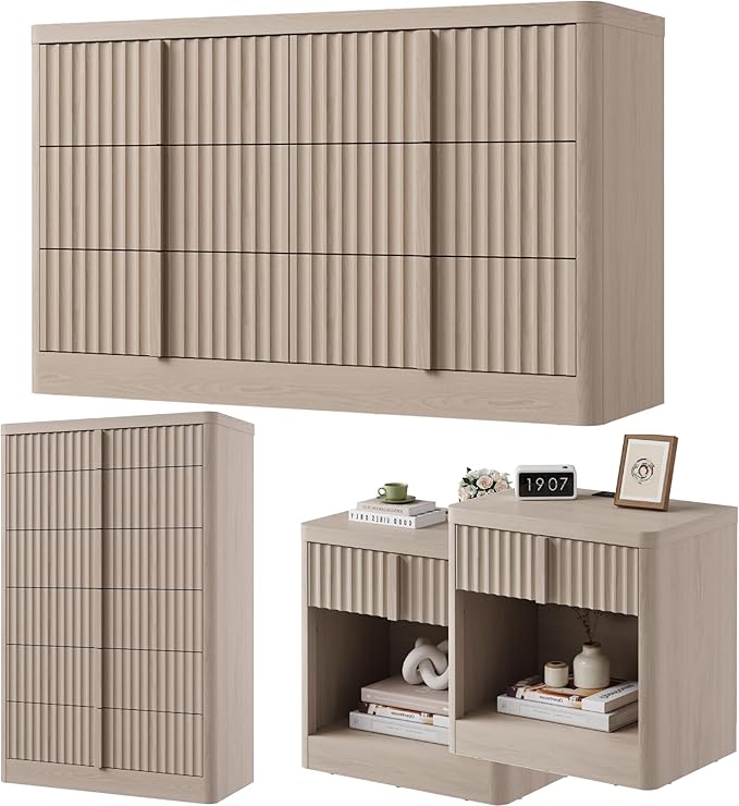 Fluted Dresser and Nightstand 4-Piece Bedroom Set, 47" Wide 6-Drawer + 49" Tall 6-Drawer Dresser and 2*Nightstands with Charging Station, Modern Bedroom Dressers Sets, Hallway, White Alder