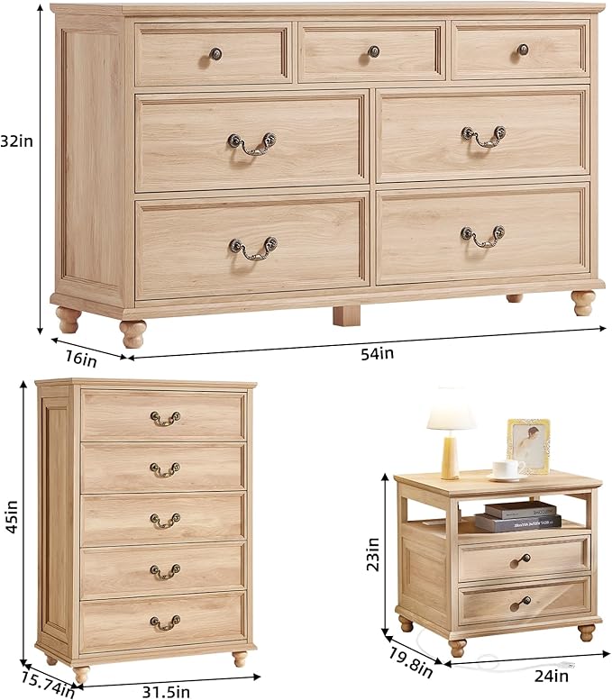Joaxswe 24" Wide Farmhouse Nightstand with Charging Station Set of 2, 54" 7 Drawers Dresser, 45" Tall Rustic Chests of 5 Drawers, Farmhouse Furniture Series for Bedroom,Wood