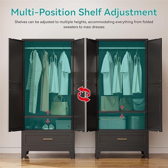 71" Tall Metal Armoire Wardrobe Closet,17.7" Deep By 31.5" Wide Portable Closet for Hanging Clothes,Wardrobe Cabinet with Drawer and Shelve for Bedroom Office Garage,Black 1 Pack