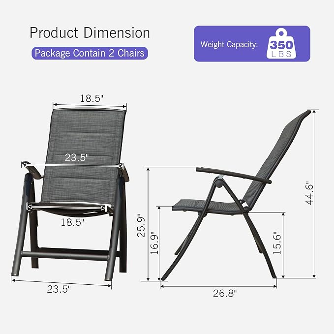 Domi Folding Patio Chairs Set of 2, Aluminium Frame Reclining Sling Lawn Chairs with Adjustable High Backrest, Patio Dining Chairs for Outdoor,Porch,Balcony (Double-Layered Textilene Fabric) - Image 2
