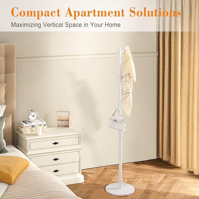 VECELO Coat Rack Freestanding, Entryway Hanger Stand, Umbrella Holder, Hall Tree With Hooks, Floor Standing Metal Tree Stand,White - Image 10