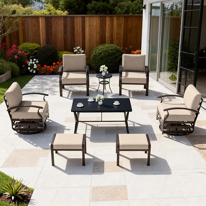 ALAULM Aluminum Patio Furniture Set with Coffee Table Rectangular, 6-seat Outdoor Sectional Furniture w/Swivel Chairs and 2 Ottomans, Patio Conversation Set for Porch, Backyard, Poolside-Sand