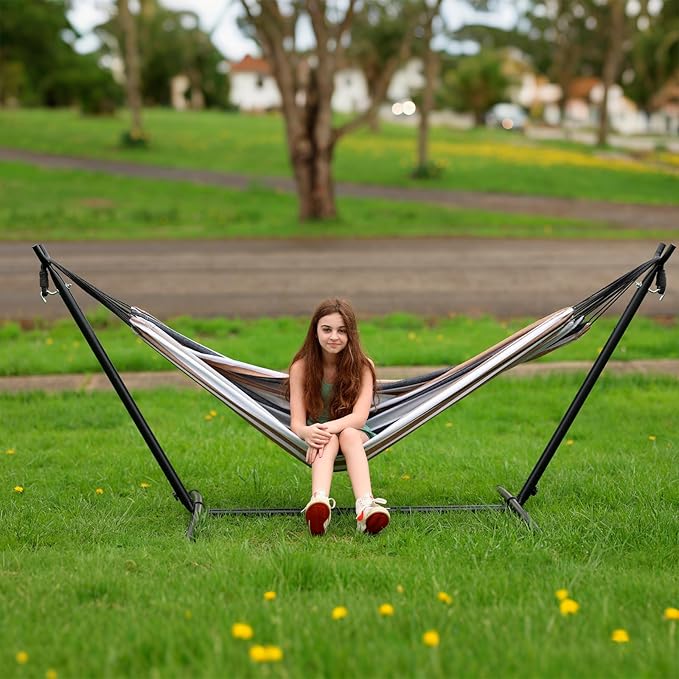 SZHLUX Double Hammock with Stand Included 450lb Capacity Steel Stand, Premium Carry Bag Included and Two Anti Roll Balance Beam, Portable Hammock with Stand for Backyard, Camping,Garden Brown Stripes - Image 6