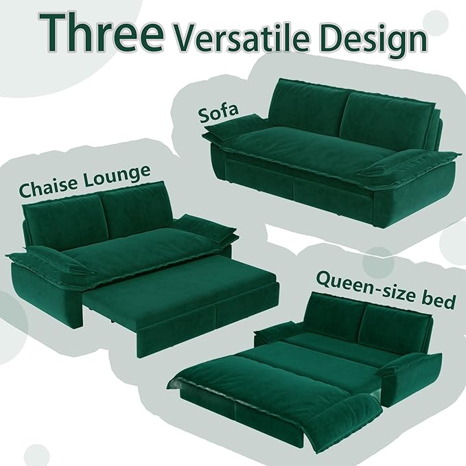 73.2" Queen Size Pull Out Sofa Bed, 3-in-1 Convertible Sleeper, Velvet Loveseat for Living Room, Apartment, Bedroom Small Spaces, Green (Mattress & Bedding Not Included)