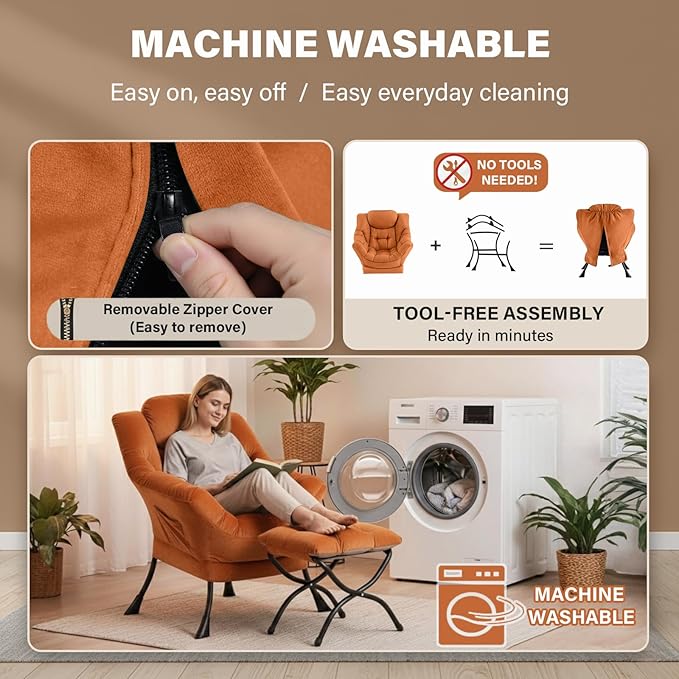 Lazy Chair and Ottoman, Large Accent Orange Velvet Chair with Side Pocket, Modern Leisure Upholstered Reading Armchair with Footrest for Office, Bedroom, Living Room, Dorm Rooms, Balcony