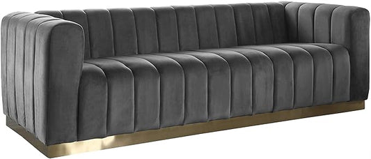 Meridian Furniture 603Grey-S Marlon Collection Modern | Contemporary Velvet Upholstered Sofa with Deep Channel Tufting, Stainless Steel Base in a Brushed Gold Finish, Grey, 86.5" W x 34" D x 28" H