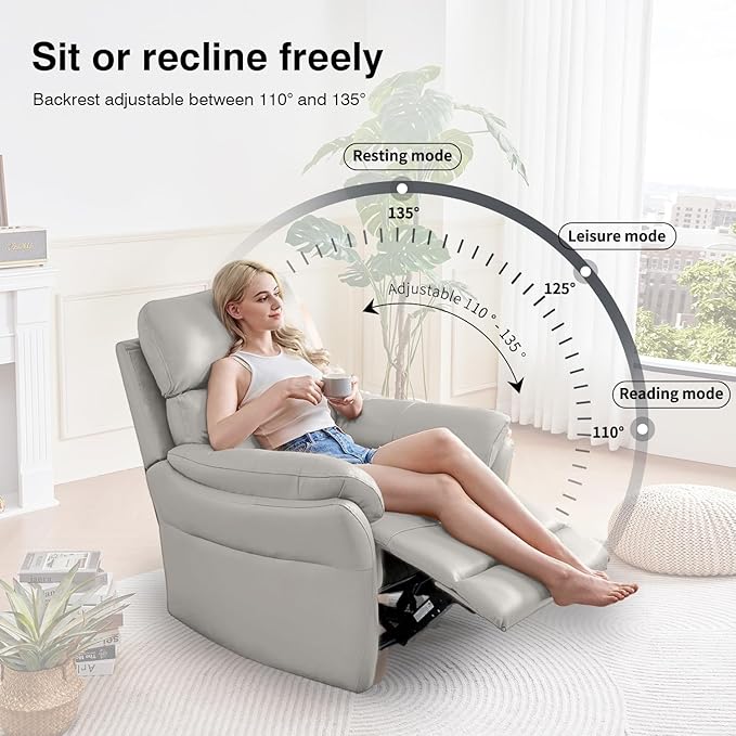 AIRSKY Genuine Leather Recliner Chair, Top Grain Leather, Italian Water-Washing Process, Living Room Chair with Lumbar Support,for Theater Seating, Bedroom, Grey,R1