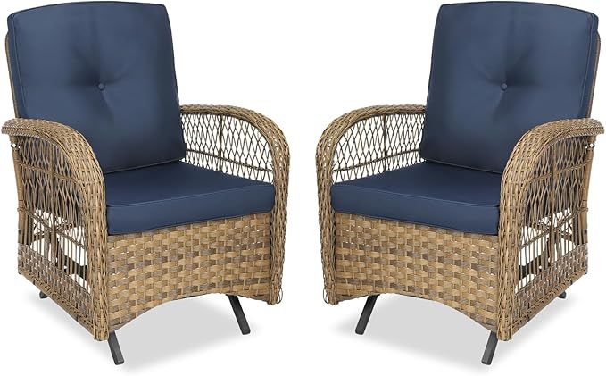 MEETWARM Patio Wicker Rocking Glider Set, All-Weather Outdoor Rattan Patio Rocking Chairs of 2, Patio Conversation Set with Thickened Cushions for Porch Garden & Backyard, Navy Blue