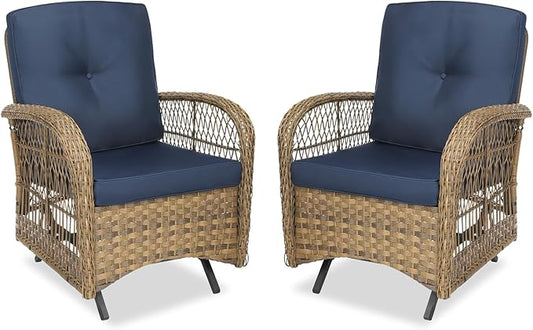 MEETWARM Patio Wicker Rocking Glider Set, All-Weather Outdoor Rattan Patio Rocking Chairs of 2, Patio Conversation Set with Thickened Cushions for Porch Garden & Backyard, Navy Blue