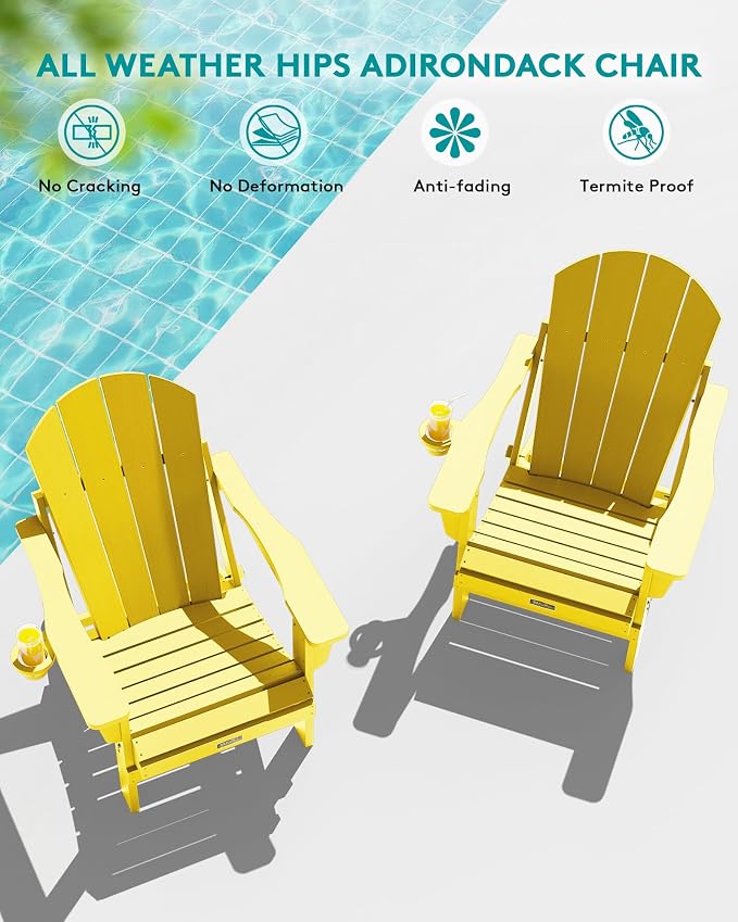 SERWALL Folding Adirondack Chair Outdoor Adirondack Chairs with Cup Holder, Weather Resistant Fire Pit Chairs for Patio - Yellow - Image 5