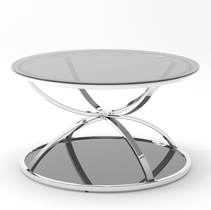32" Tempered Glass Round Coffee Table Modern Chrome Frame Dome Base Two Tiers Circle Living Room Center Tables