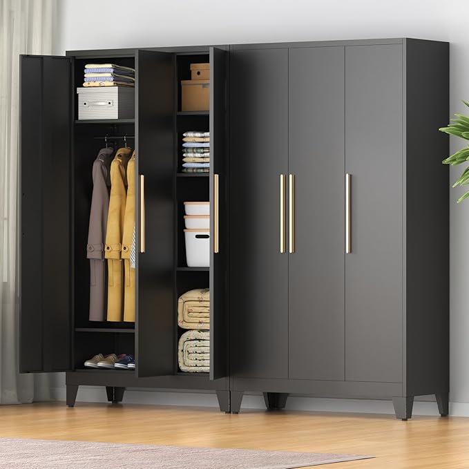 75.3" Tall Metal Armoire Wardrobe Closet with 3 Doors, Adjustable Hanging Rod and 5 Adjustable Shelves, Freestanding Storage Cabinet Organizer for Bedroom, Office, Laundry Room，Black