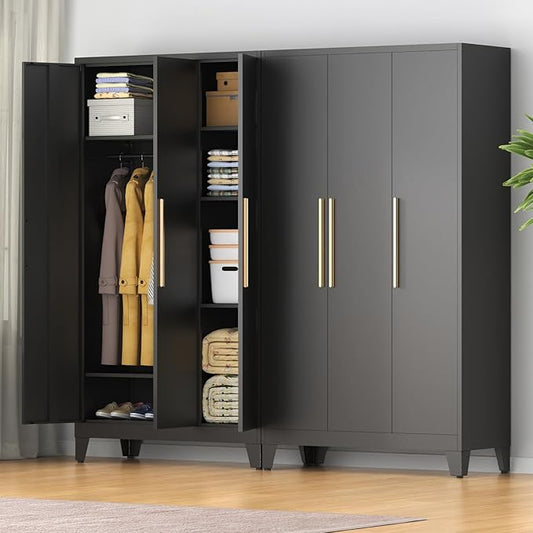 75.3" Tall Metal Armoire Wardrobe Closet with 3 Doors, Adjustable Hanging Rod and 5 Adjustable Shelves, Freestanding Storage Cabinet Organizer for Bedroom, Office, Laundry Room，Black
