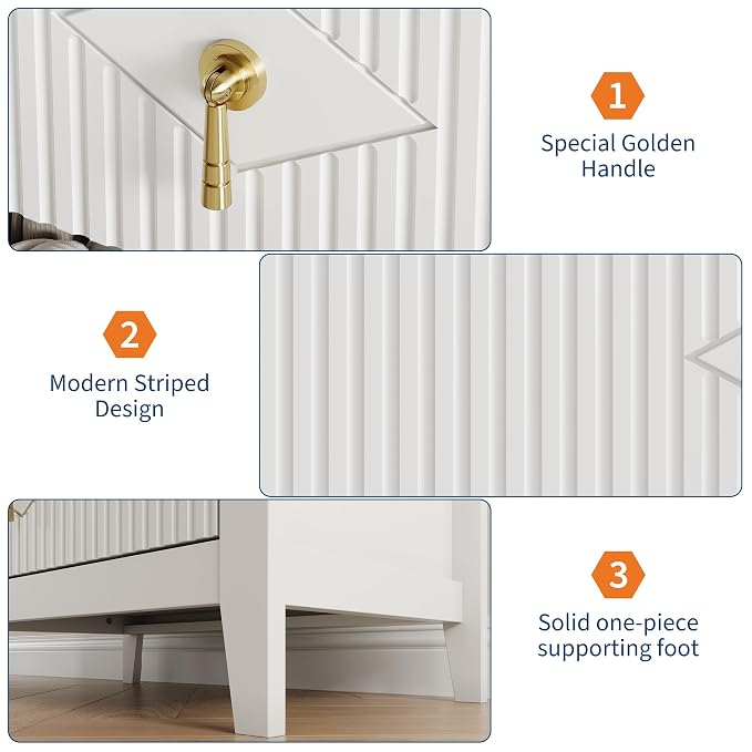 GarveeHome 2Pcs Wood Nightstand Fluted Dresser for Bedroom, 27.5" Wide 3-Drawer Bedside Tables, Modern Chest of Drawers, Storage End Table Living Room, Hallway, Entryway, White - Image 6