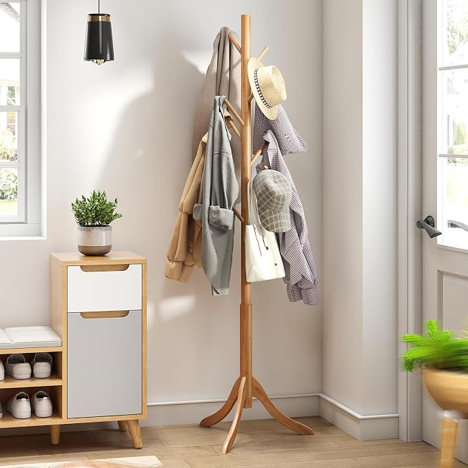 kiplant Coat Rack Freestanding, Bamboo Wood Coat Stand with 8 Hooks,3 Adjustable Size,Easy Assembly NO Tools Required, Coat Tree Hanger Stand for CoatsScarves in Hallway - Image 8
