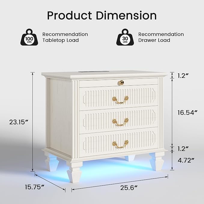 25.6'' Wide Bedside Table with 3 Drawers & Pull-out Tray, Smart Night Stand with Outlet & Charger Station, Large Nightstand with 3-color LED Lights, Farmhouse Solid Wood Leg for Bedroom, Antique White - Image 2