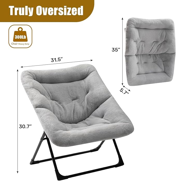 HollyHOME Comfy Oversized Saucer Chair, Extra Large Folding Lounge Chair for Adults, Foldable Accent Lazy Chair for Living Room, Bedroom, Dorm, Collapsible Reading Chair for Teens Kids, X-Large,Grey