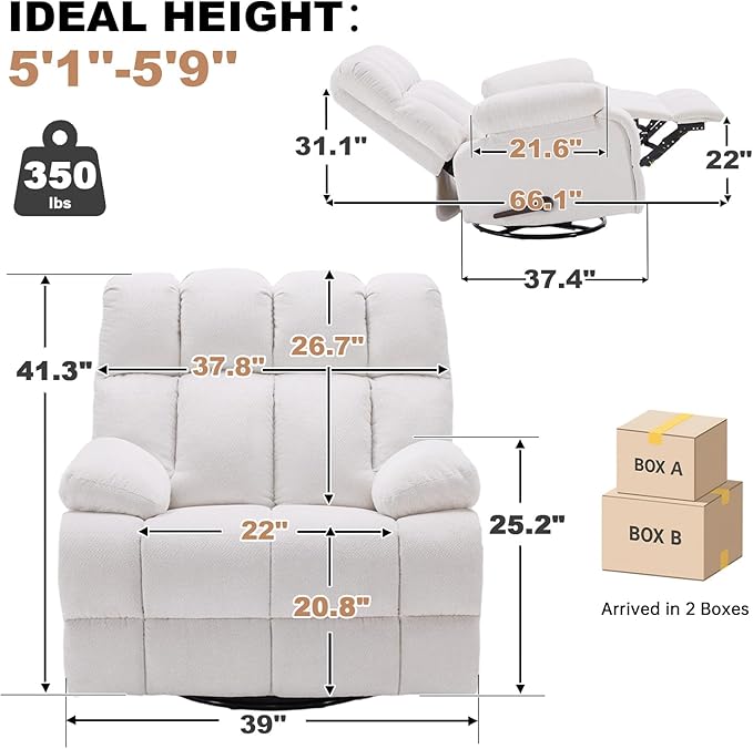 Eiayeebil Oversized Swivel Rocker Recliner Chair Set of 2 for Adult, Rock Recliner for Big Man, Extra Wide Manual Recliners, Overstuffed Soft Rocking Sofa Chair(Beige)