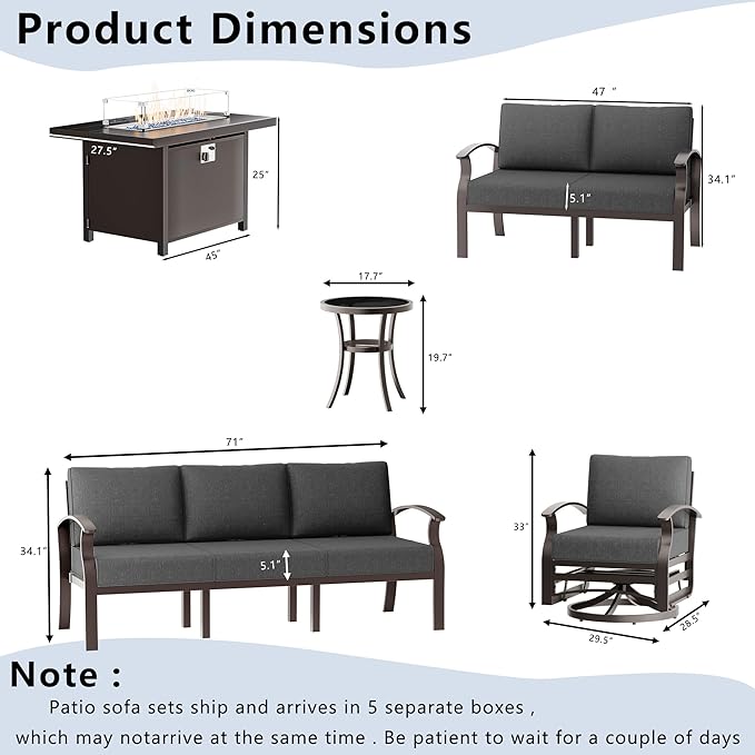 Aluminum Patio Furniture Set with Fire Pit Table, 7 Seats Outdoor Patio Conversation Sets with Swivel Chair Modern Metal Sectional Sofa with Upgrade Cushions for Patio, Backyard