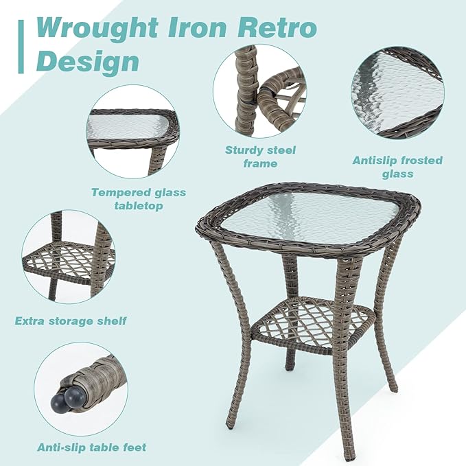 EROMMY 3 Pieces Outdoor Swivel Rocker Patio Chairs, 360 Degree Rocking Patio Conversation Set with Thickened Cushions and Glass Coffee Table for Backyard, Blue
