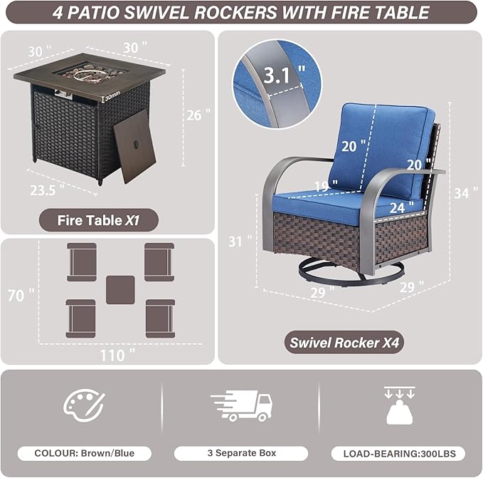 Belord 5 Pieces Patio Furniture Set with Fire Pit Table - 4 Outdoor Swivel Rocker Chairs with 50000 BTU Propane Fire Pit Table, Patio Conversation Sets for Outside Backyard Patio Casual Gathering