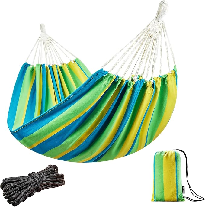 JoyView Brazilian Double Hammock with Hanging Ropes Extra Large 86.6x59” Portable Cotton Hammock for Patio Backyard Porch 450LBS Weight Capacity Perfect for Outdoor/Indoor - Light Green/Yellow Stripe by JoyView