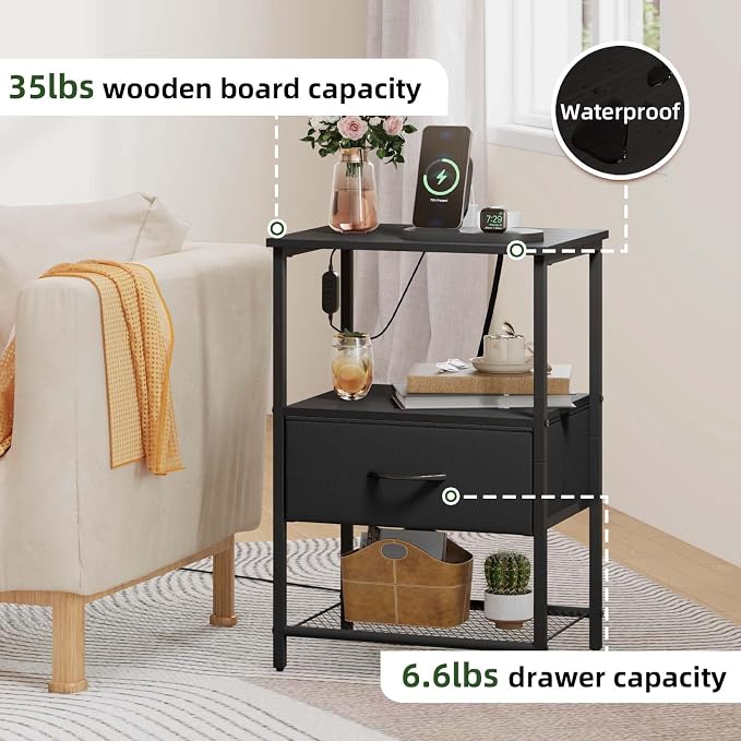 Somdot Black Nightstand Set of 2 with Charging Station and LED Light for Bedroom, Bedside Table End Table for Dorm Guest Room Bedside Kids Laundry Closet Entryway Hallway, Black - Image 6