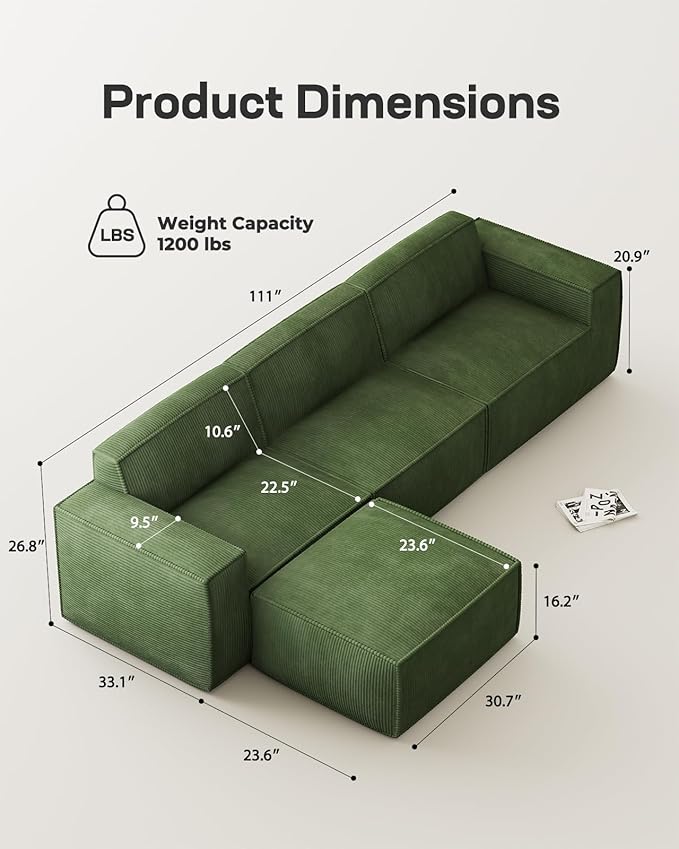 Marsail 111' Modular Sectional Sofa, L-Shape Corduroy Cloud Couch with Deep Seat, Freely Combinable Boneless Sofa for Living Room, No Assembly Required, Dark Green