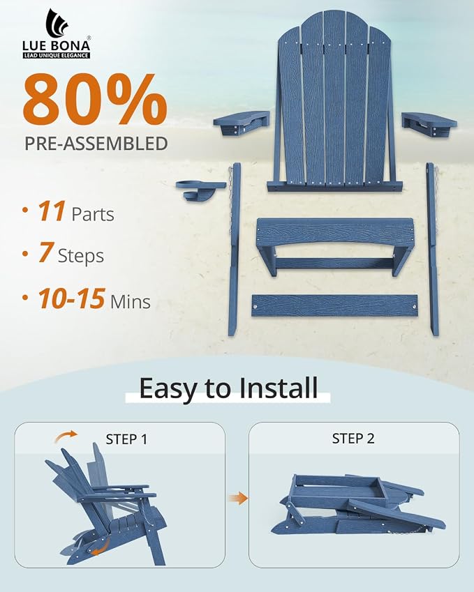 LUE BONA HDPE Folding Adirondack Chairs Set of 4 - Weather Resistant Seating with Cup Holder for Patio, Fire Pit, Deck & Resort Garden, Blue - Image 4