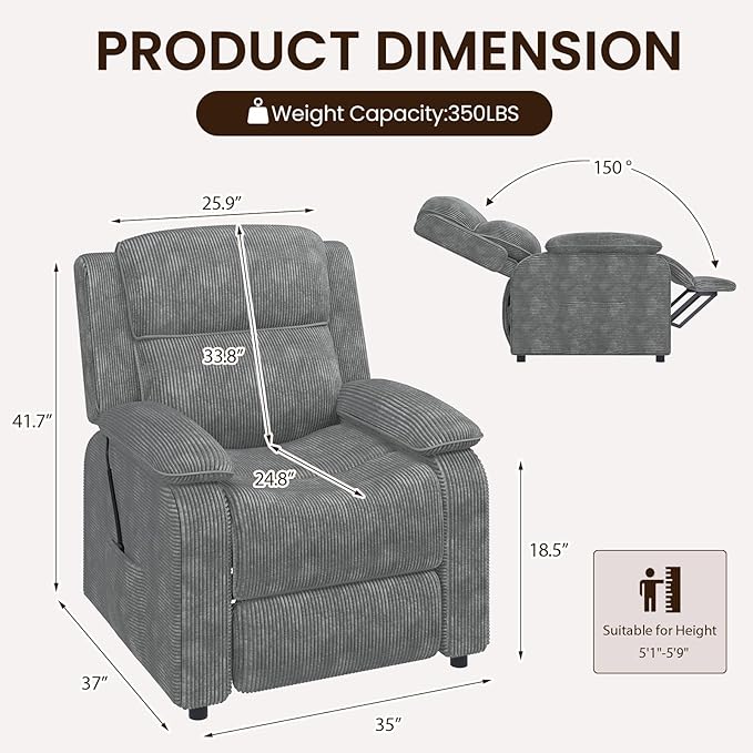 EROMMY Electric Recliner Chair, Oversized Power Recliner with USB Charging Port & Side Pockets, Heavy Duty Corduroy Reclining Sofa Chair, Wide Seat Living Room Chair for Adults, Dark Grey