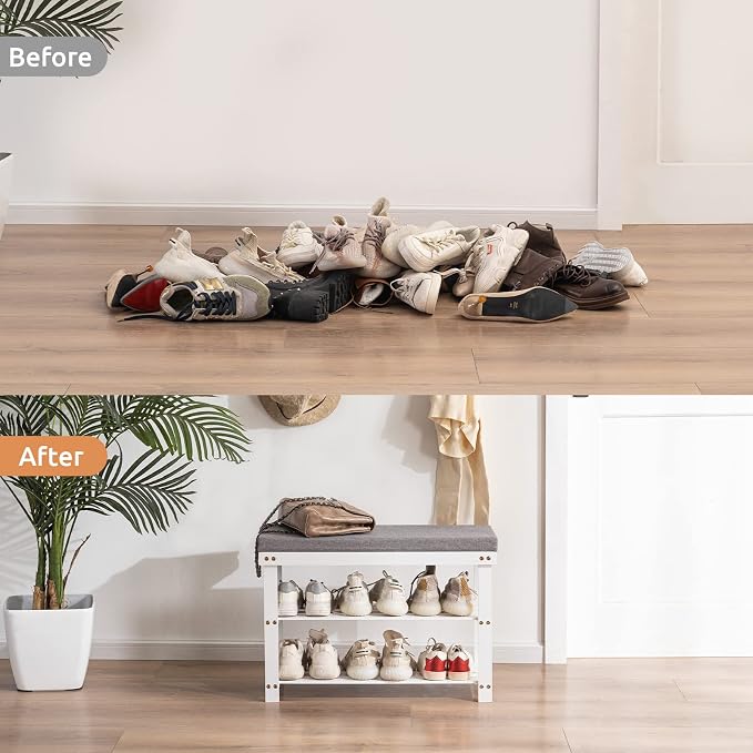 Apicizon 3-Tier Shoe Rack for Entryway, Bamboo Shoe Bench with Cushion Padded Seat, Small Shoe Organizer with Storage for Indoor Entrance Hallway Bedroom Living Room, White - Image 2