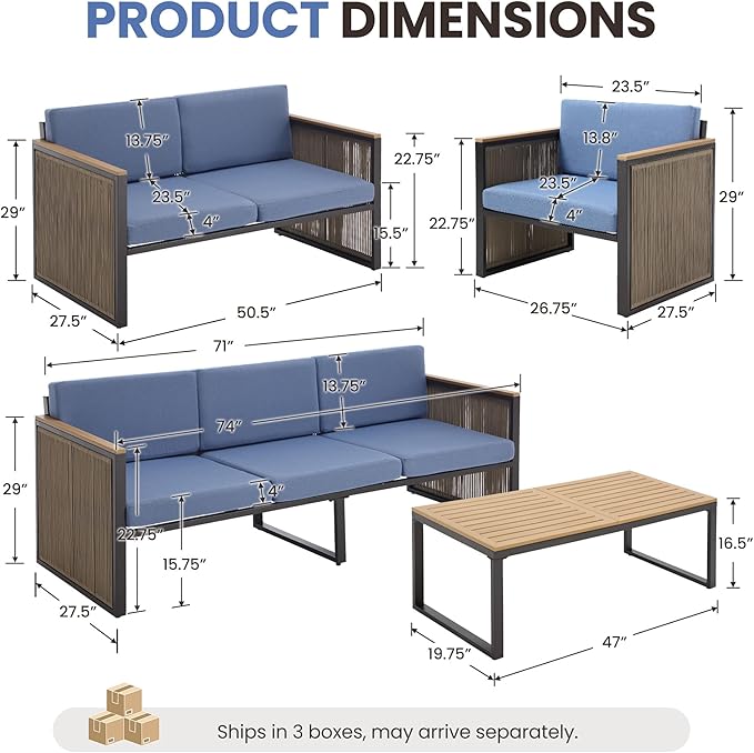 5 Piece Patio Conversation Set for 7, Modular Patio Sofa Couch with Cushions, Rattan Outdoor Patio Furniture Set with Loveseat/Coffee Table, Outdoor Sectional Furniture for Deck/Porch, Blue