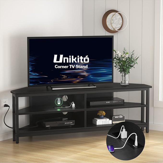 Unikito Corner TV Stand With Power Outlet, Corner Entertainment Center Corner TV Table With 4 Open Storage Corner TV Cabinet Wood TV Stand For Living Room,Bedroom Corner TV Stand For 55 inch TV, Black by Unikito