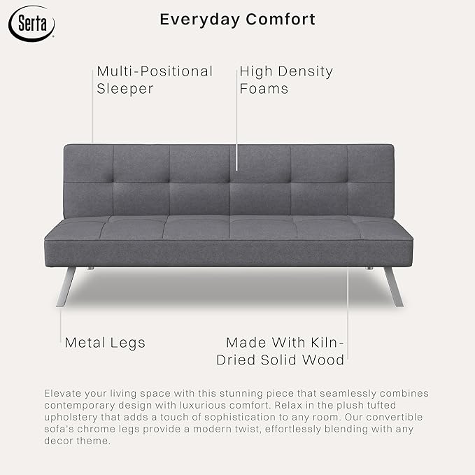 Serta® Rane Futon Sofa Bed 66.1", 3-in-1 Convertible Couch Sleeper for Small Spaces, Tufted Back, Twin Size Guest Bed, Chracoal Woven Fabric