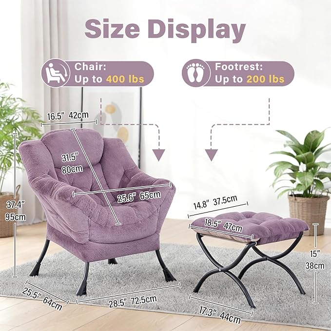 Plush Lazy Chair and Ottoman, Large Purple Plush Contemporary Accent Chair with Side Pocket, Modern Leisure Upholstered Reading Armchair with Footrest for Bedroom, Living Room, Balcony