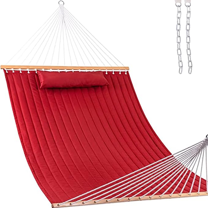 Lazy Daze Hammocks 12 FT Double Quilted Fabric Hammock with Spreader Bar and Detachable Pillow, 2 Person Hammock, 450lbs Weight Capacity, Burgundy by LazyDazeHammocks