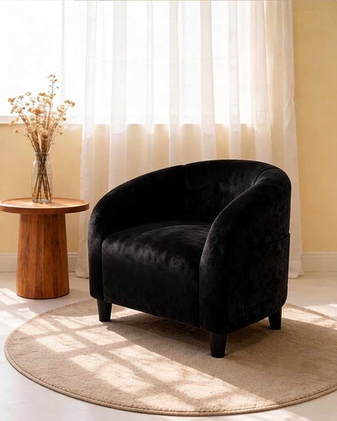 GarveeHome Accent Chair Club Chair Cozy Armrest Upholstered Velvet Barrel Chair with Solid Legs for Living Room Bedroom Study Waiting Room(Black)