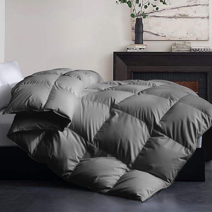 Cosybay Feather and Down Comforter Insert California King Size, 100% Cotton Cover, All Season Grey Down Feather Duvet Insert, Fluffy Soft Hotel Luxury Bedding for Bedroom, Cal King 104 x 96 Inch