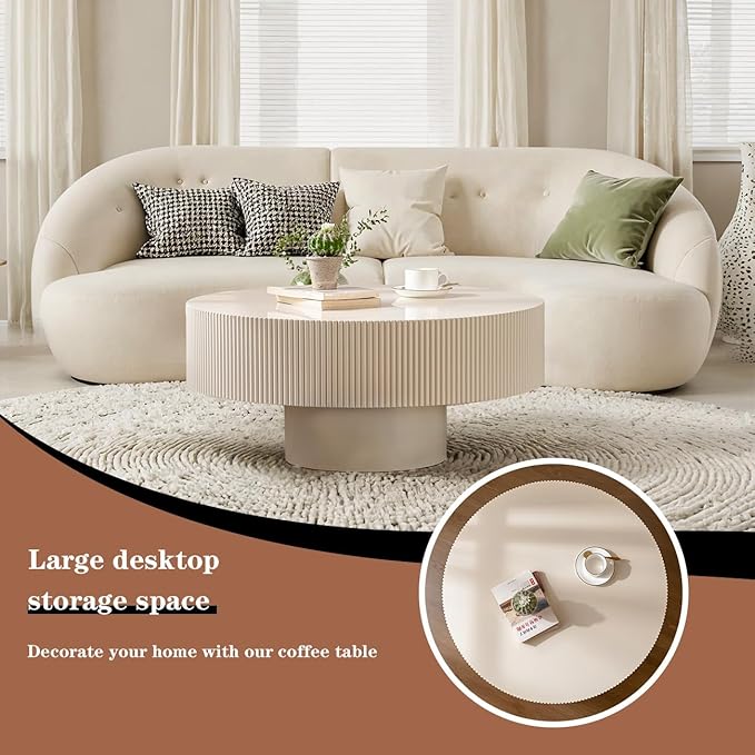 Round Coffee Table Fluted Coffee Table Wood Drum Coffee Tables Modern Circular Coffee Tables Circle Pedestal Center Table for Living Room (White Thick Desktop)