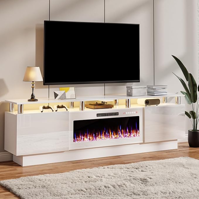 TAVATA 80" Fireplace TV Stand Up to 90" TVs, High Gloss Modern Entertainment Center with Storage for Living Room, Wood Media Console Cabinet with 36" Fireplace & Open Shelf, White by TAVATA