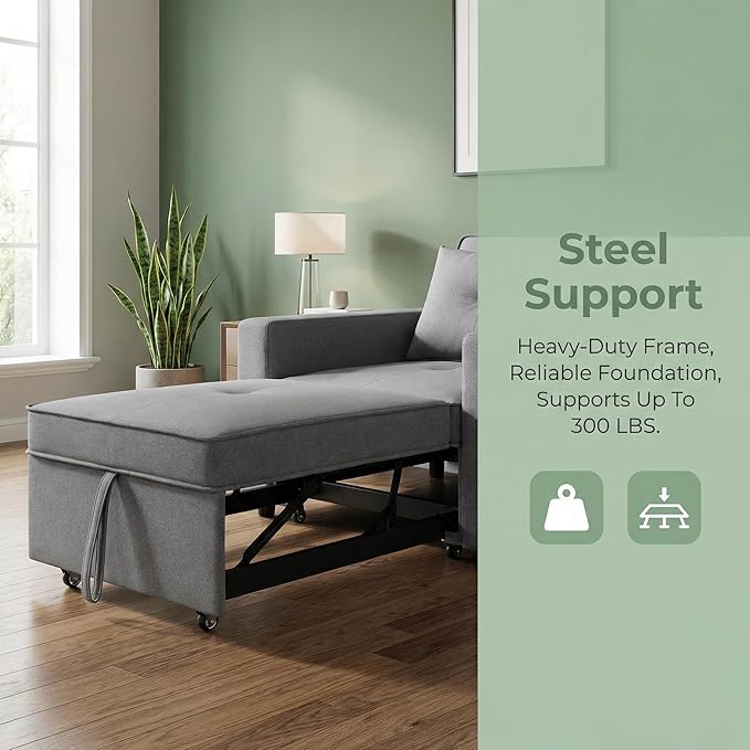 3-in-1 Convertible Sleeper Chair, Sleeper Sofa Bed with Side Pocket, Lazy Sofa Bed with Adjustable Backrest, Recliner Chair for Living Room, Apartment, Dorm, or Office, Gray
