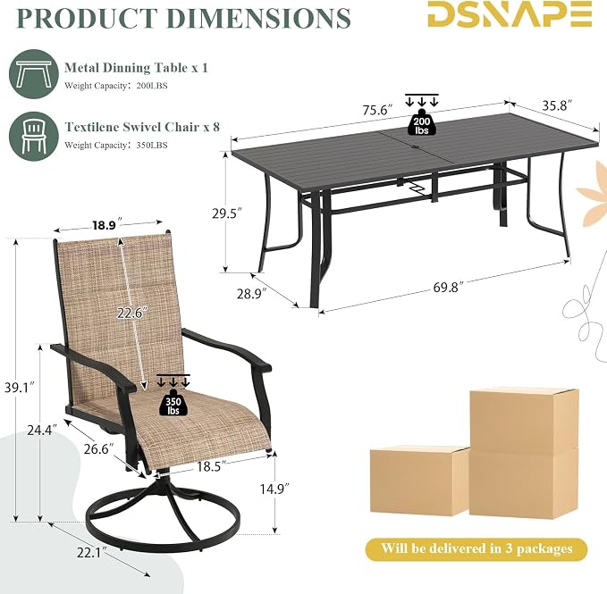 9 Pieces Patio Dining Set for 8, All Weather Outdoor Furniture Set, 75.6" Metal Dining Table with Umbrella Hole and 8 High Back Textilene Swivel Chairs for Deck Garden Lawn Poolside, Brown - Image 2